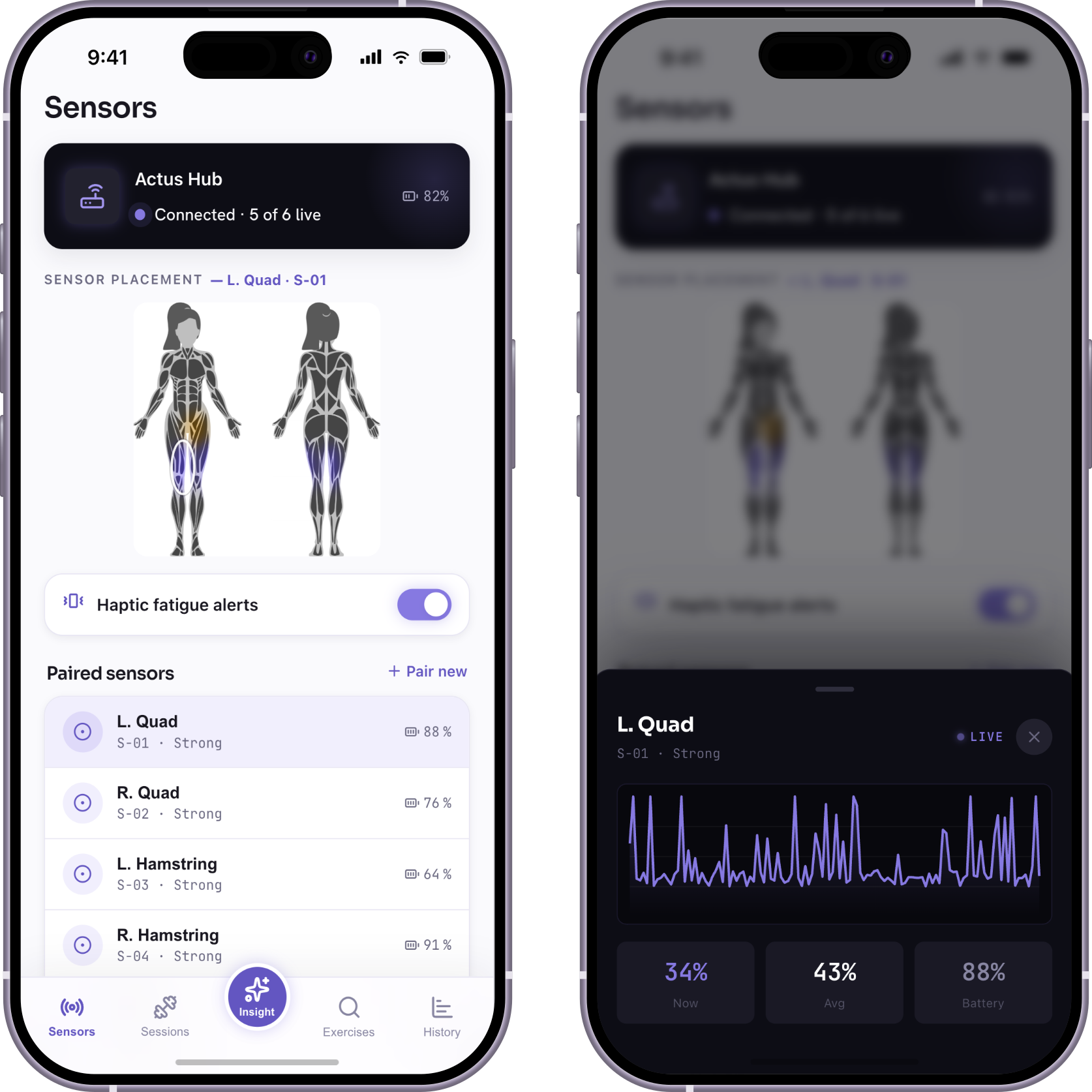 Actus app showing sensor data and live EMG stream