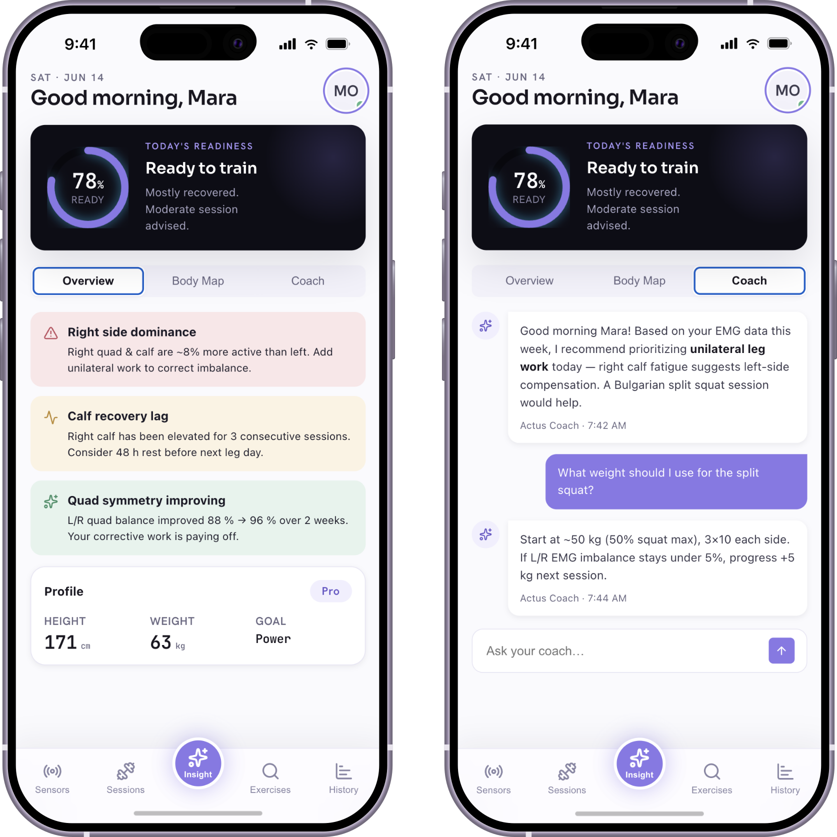 Actus app showing muscle insights and AI coach